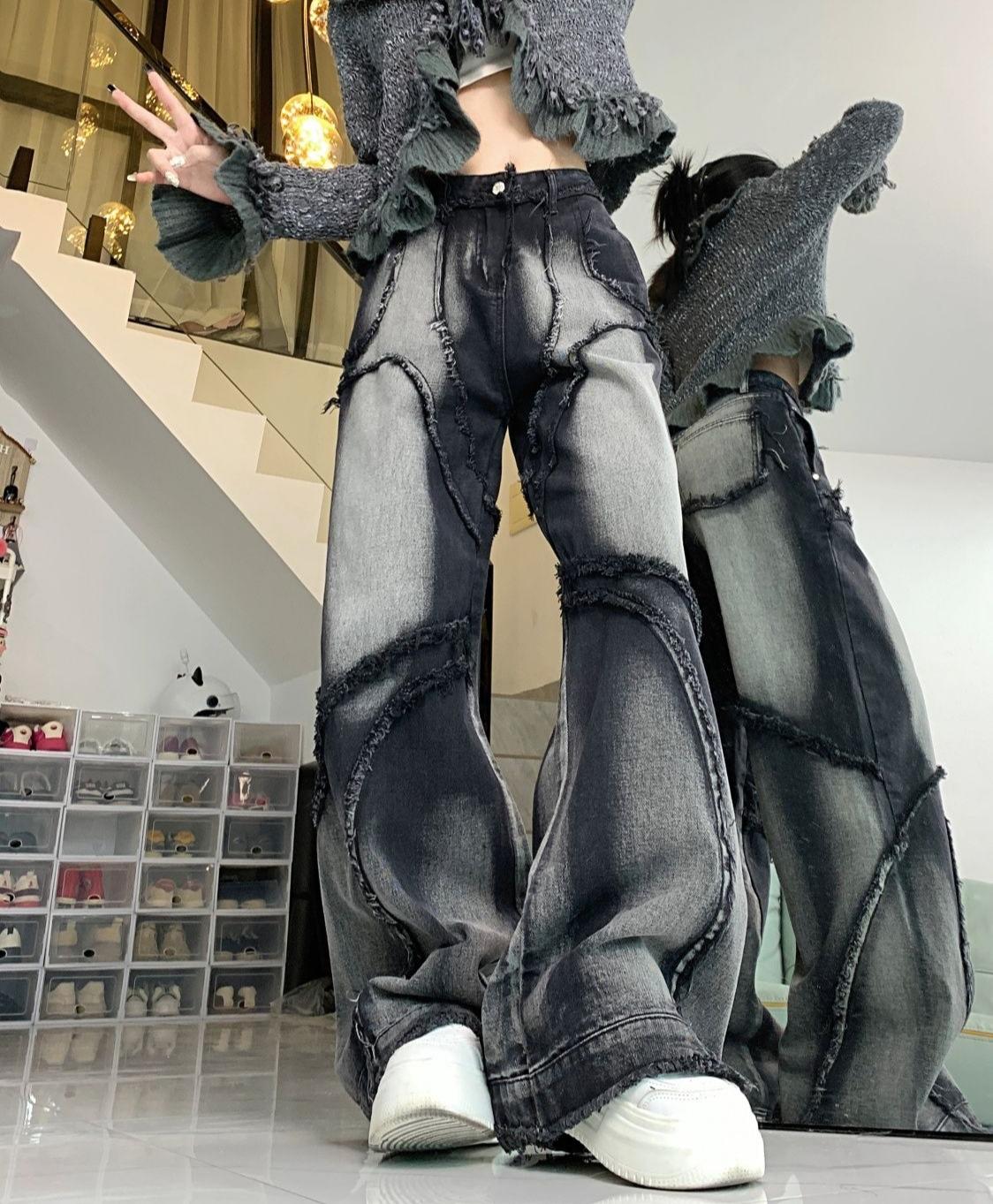 Y2K Jeans mit weitem Bein für Damen, Hip-Hop-Stil, Mode, Vintage, Streetwear, schwarze Jeans mit hoher Taille, Damenhose, Baggy-Jeans XL schwarz