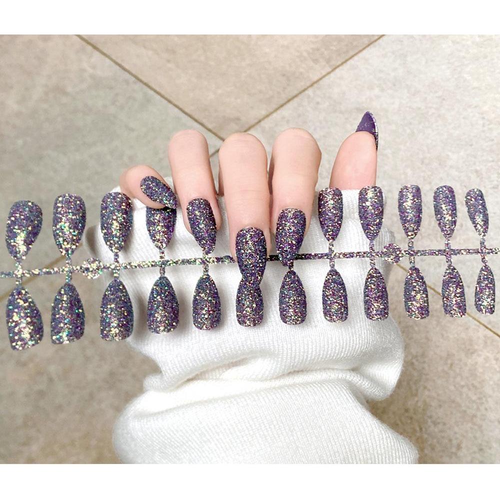 24 teile/satz Drücken Sie auf Nagel Künstliche Nägel Nagel Aufkleber Glitter Tragen Nägel DIY Schnelle Nägel violett
