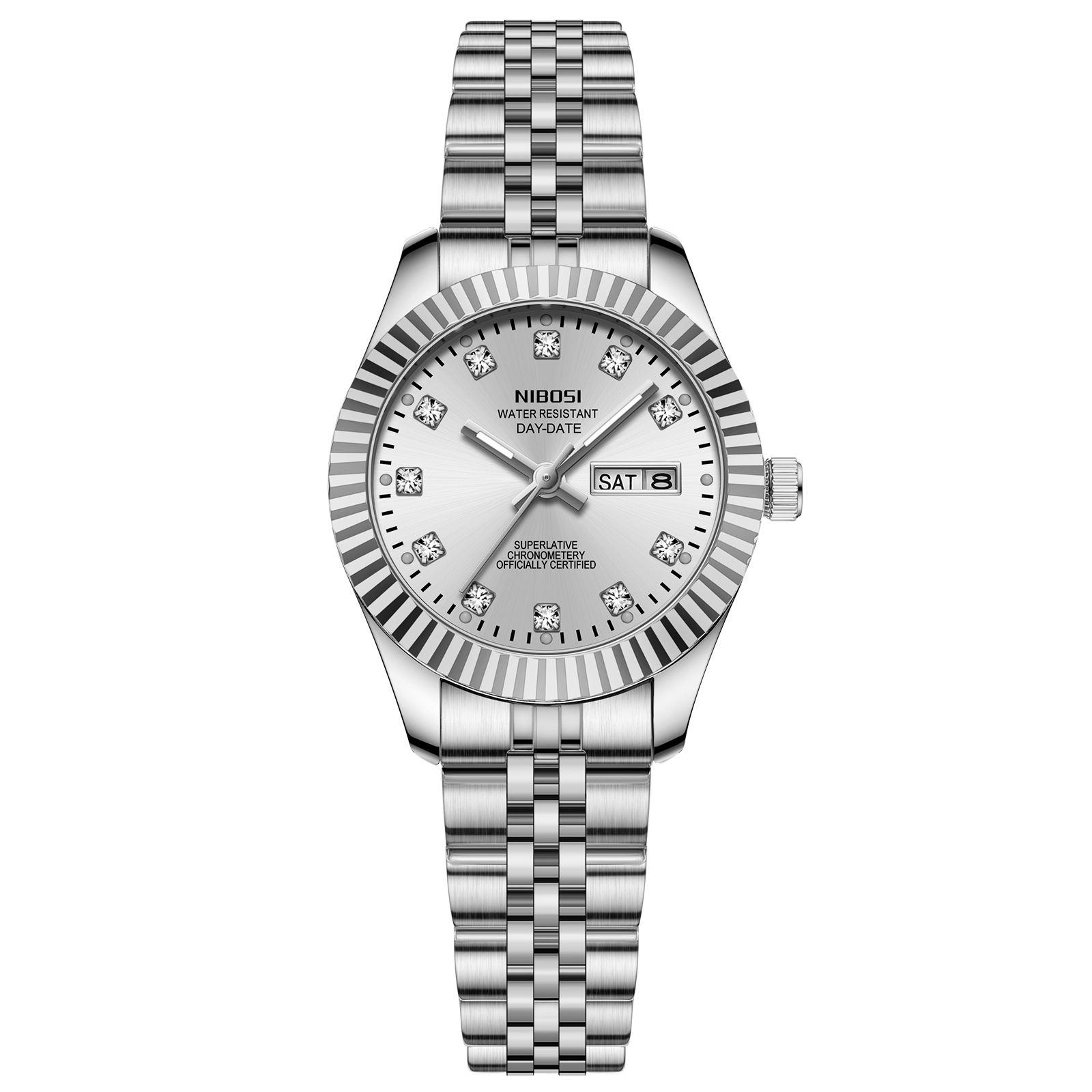 Nibosi 2697 Silber Gold Diamant Damen Uhren Edelstahl Armband Quarz Uhr Wasserdicht Kalender Leuchtend Damen Armbanduhren Nibosi 2697 silber