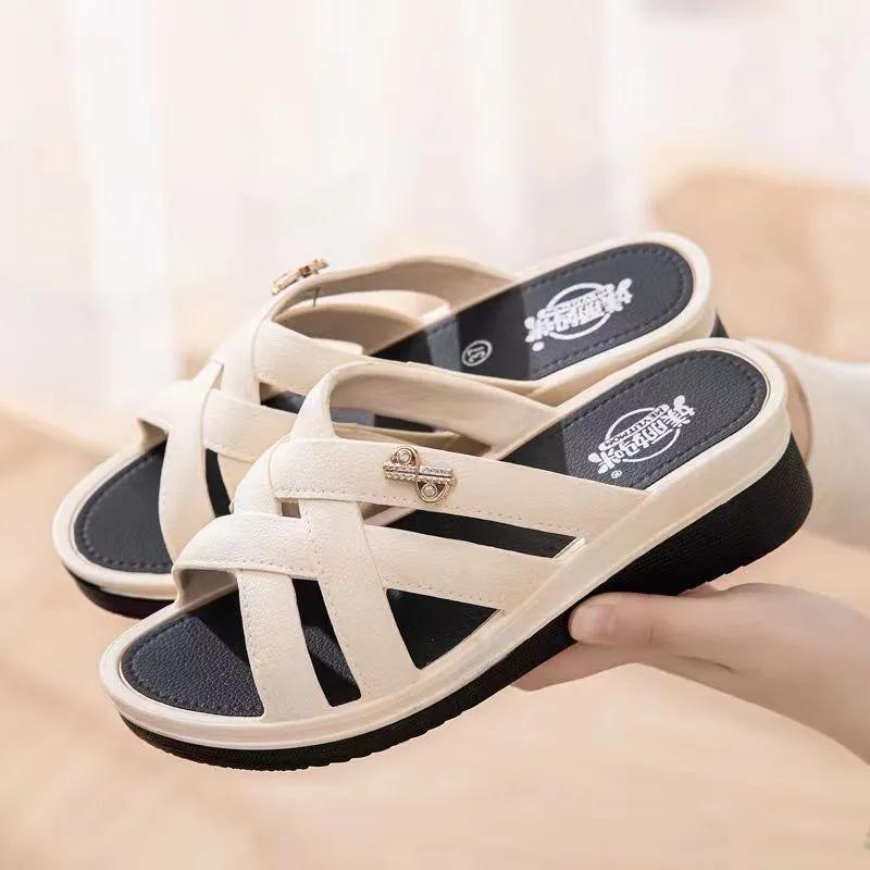 Sommer Hausschuhe Damen Hause Anti-Rutsch-Schuhe Freizeitschuhe Sandalen Hausschuhe Mutter Hausschuhe 36 beige