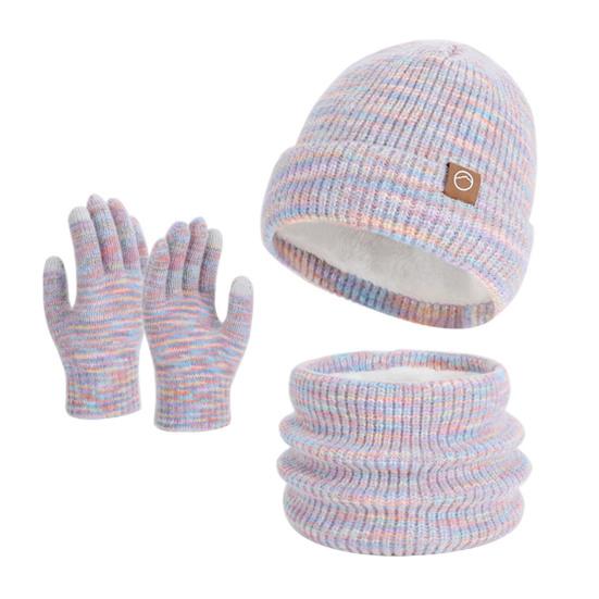 3-teiliges/Set Wintermütze Schal Handschuhe Set Verdicktes Samtfutter Bunte Elastische Passform Strickmütze Nackenwärmer Handschuhe Set violett