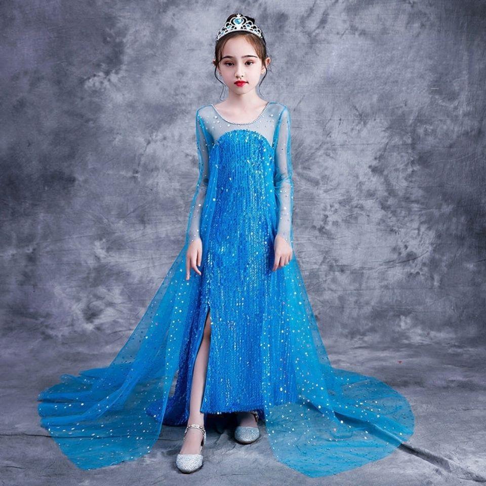 Prinzessin Kleid Königin Schleppende Kleid Neue Kinder Sommer Kleidung Langarm Mädchen Kleid 110 blau