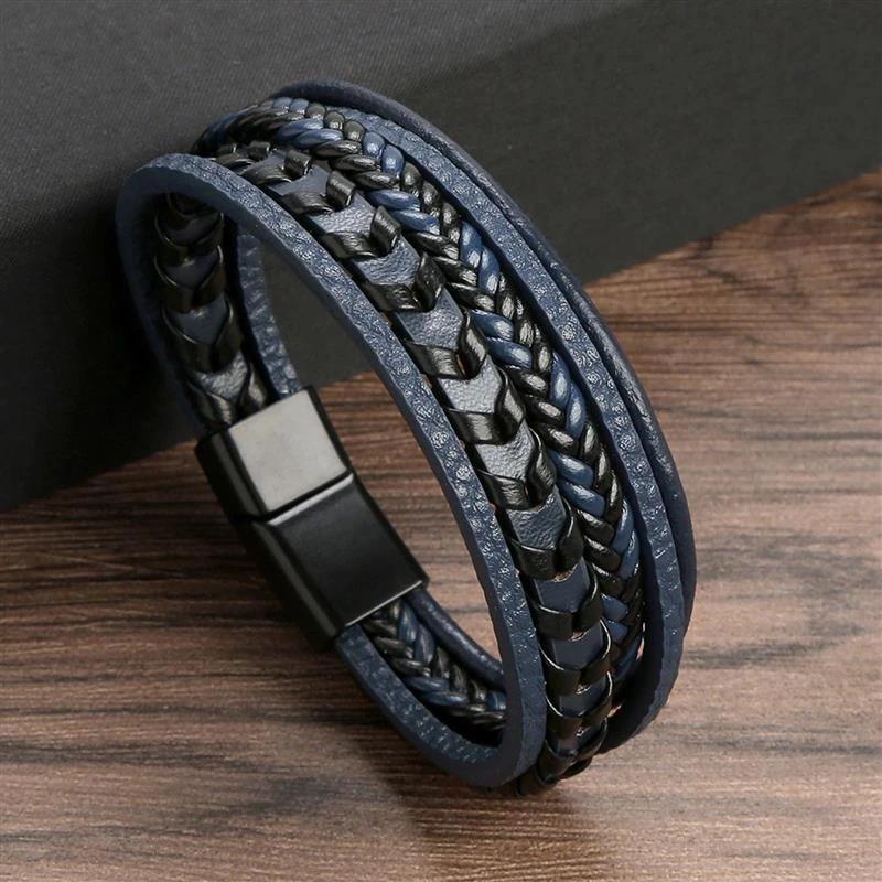 Klassisches handgewebtes Lederarmband, 19/21/23 cm, mehrschichtiges Leder, Herren-Armband, Punk-Armreif für Freunde, Charm-Schmuck, Geschenke 23cm