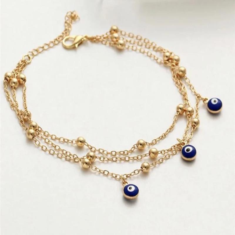 Bohemian Multi Layered Perlen Knöchel Armband für Frauen Bein Golod Farbe Kette Blau Evil Eye Anhänger Fußkettchen Sommer Schmuck H431