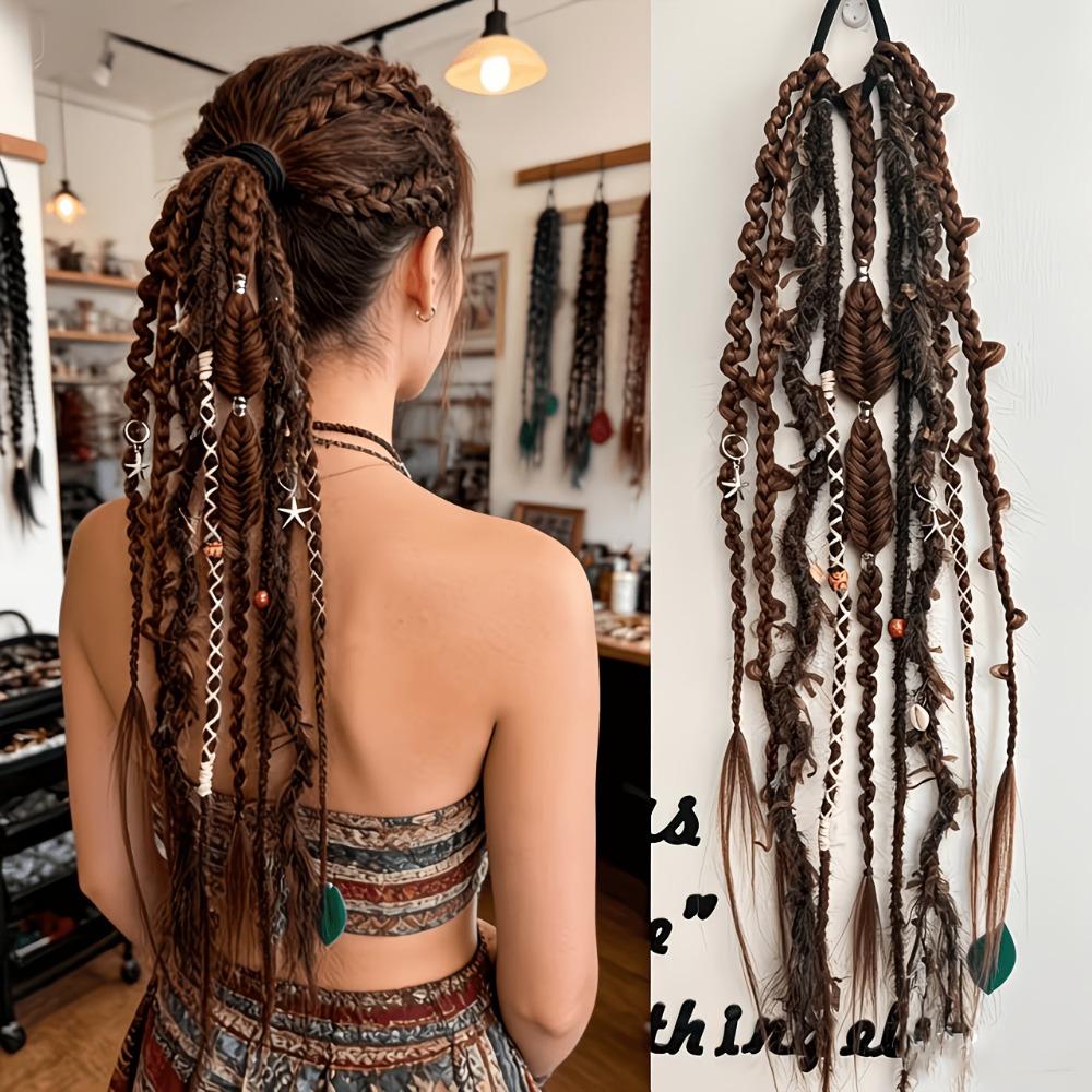 Ombre texturierter Dreadlock-Pferdeschwanz 24 Zoll Twist-Zopf Haarteil Boho geflochtene Perücken für Damen braun