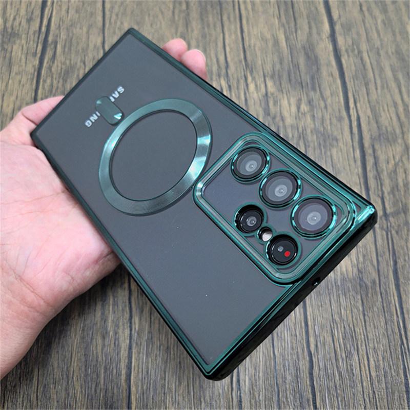 Luxuriöse transparente Beschichtung für Magsafe-Hülle für Samsung Galaxy S21 S22 S23 S24 Ultra Plus Wireless Charge Silikon-Abdeckungshüllen Samsung S21 Ultra grün
