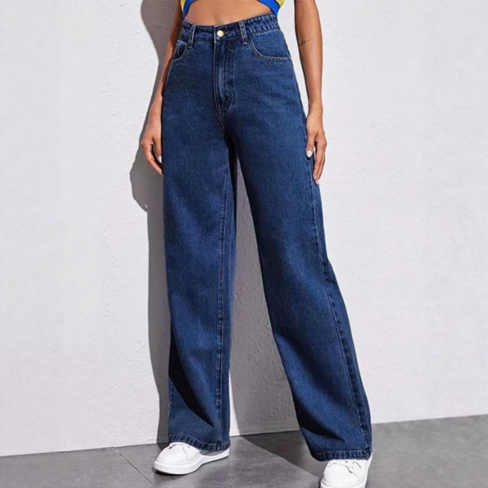 Damen Jeans mit hoher Taille und geradem Bein, Lockere Wide Leg Jeans aus Denim, Säuregewaschen Hellblau Dehnbare Jeans mit Taschen, Lässige Büro-Arbeitshosen M dunkelblaue