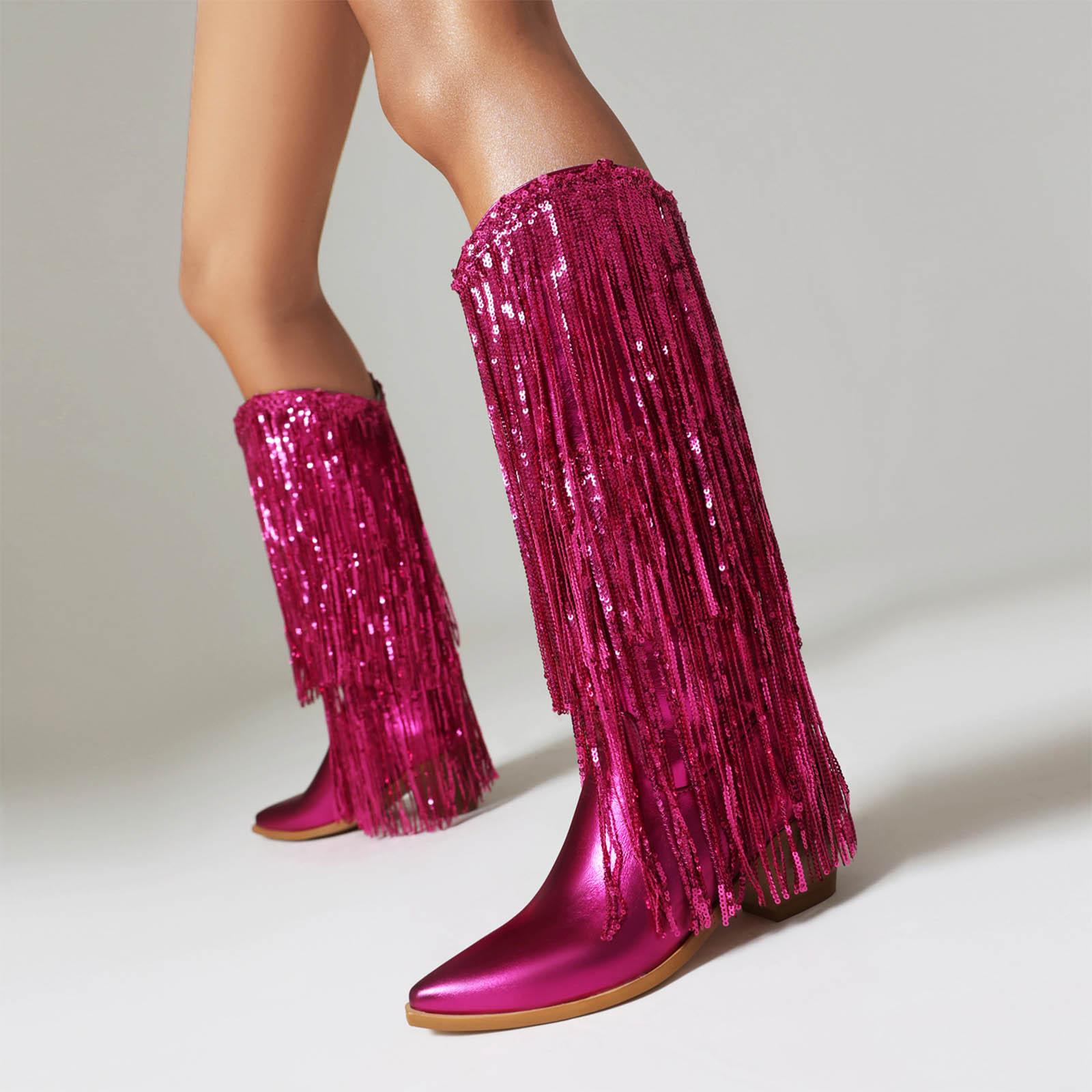 Stiefel mit weitem Schaft für Damen Über dem Knie Hohe Damen-Stiefel mit Strass-Fransen Funkelnde Western-Cowboy-Stiefel Zapatos De Mujer 38 rot