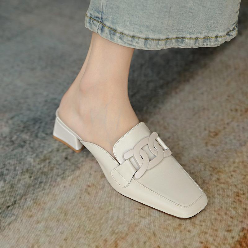 Sommer Retro Semi-Slipper Kette Frau Damen Mittelhoch Absatz Runde Spitze Goldkette Geschlossene Zehenpartie Freizeitschuhe 36 black