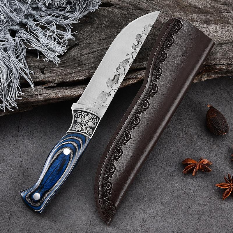 Edelstahl Küchenmesser Outdoor Griff Schälmesser Haushalts Obstmesser Camping Grill Schälmesser Holzgriff Messer with cover blau