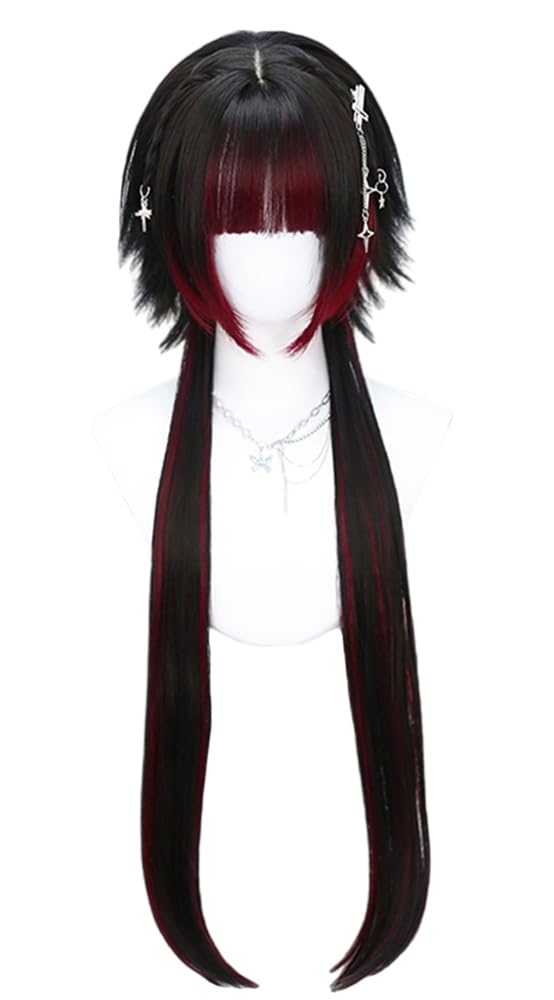 Harajuku Lolita Perücke, Quallen Perücke, Hitzebeständig, Damen, Vollperücke, Lang, Farbverlauf, Lolita Perücke (Schwarz, Weiß Rot)