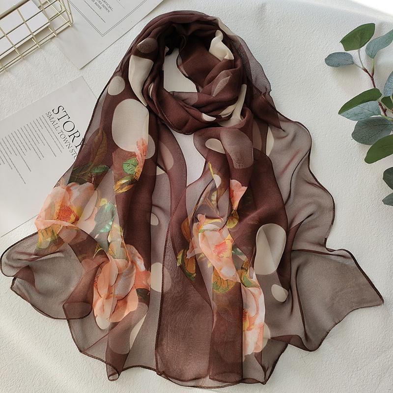 1 Stück Damenmode Sommer Langer Weicher Schal Schal mit Blumendruck Chiffon Seidenschals Strand Sonnenschutzschal EMA kaffeebraun
