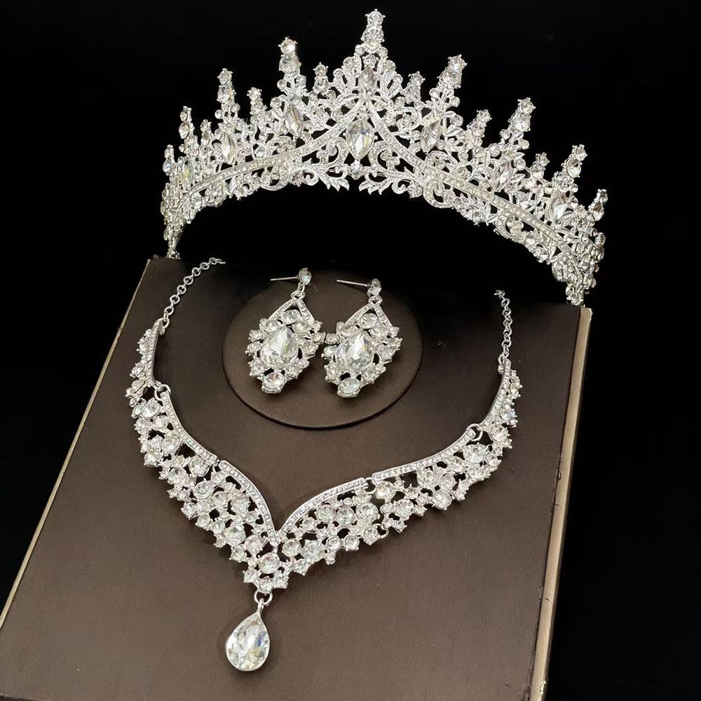 Brautkrone Kopfschmuck Halskette Ohrringe Strass Dreiteiliges Set Haupt Hochzeitskleid Abendkleid Geburtstagskrone Retro Accessoires black