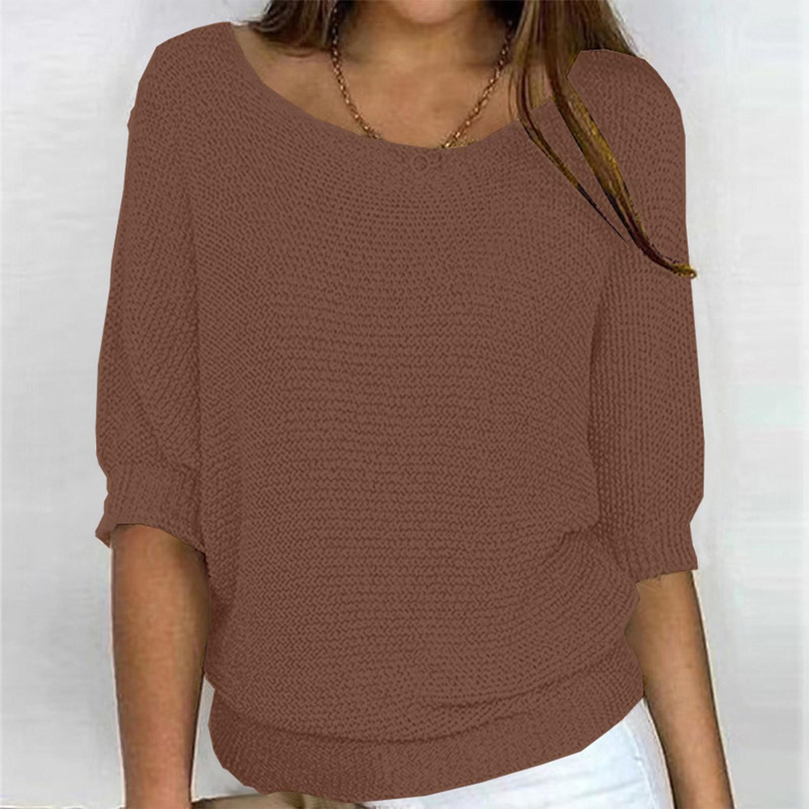 Damenmode, einfarbig, Rundhalsausschnitt, 3/4-Ärmel, Pullover, Strickshirt L kaffeebraun