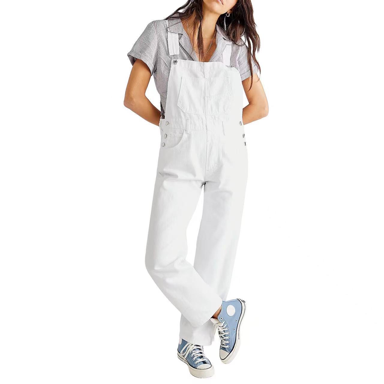 Blauer Damen Vintage Retro Denim Langer Jumpsuit Lässig Träger Gerade Einteiler Latzhose Sommer Baggy Latzhose M weiß