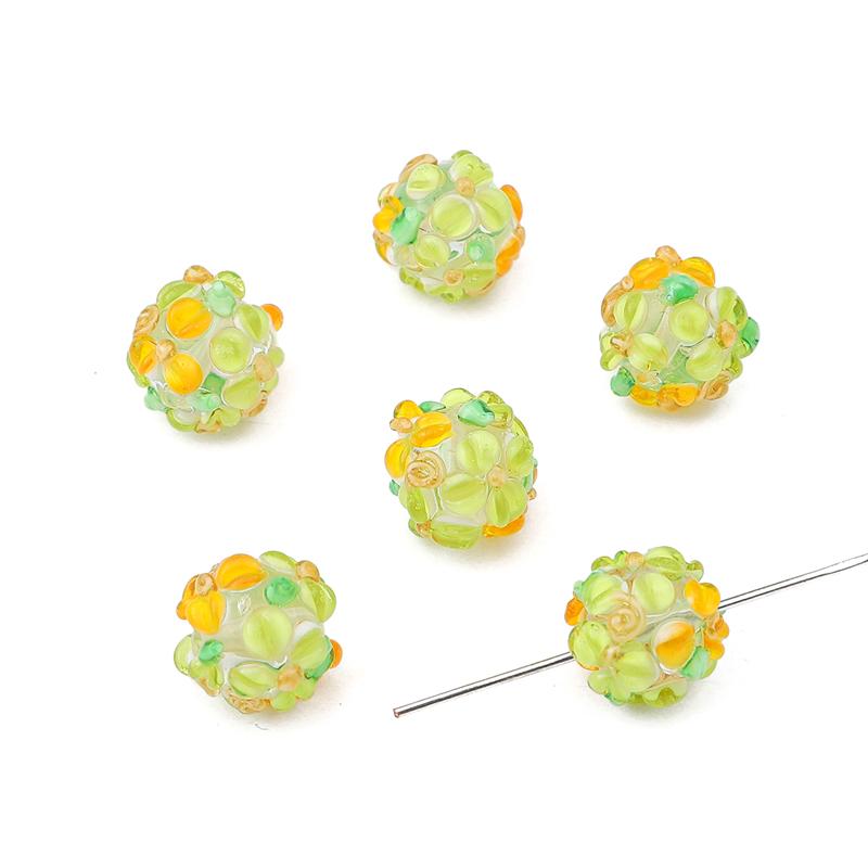 Ausgefallene handgefertigte runde Blumen-Blütenblatt-Perlen aus Glas, Lampwork-Perlen, passend für Charms, Armbänder, Halsketten, DIY-Schmuckherstellungszubehör hellgrüne