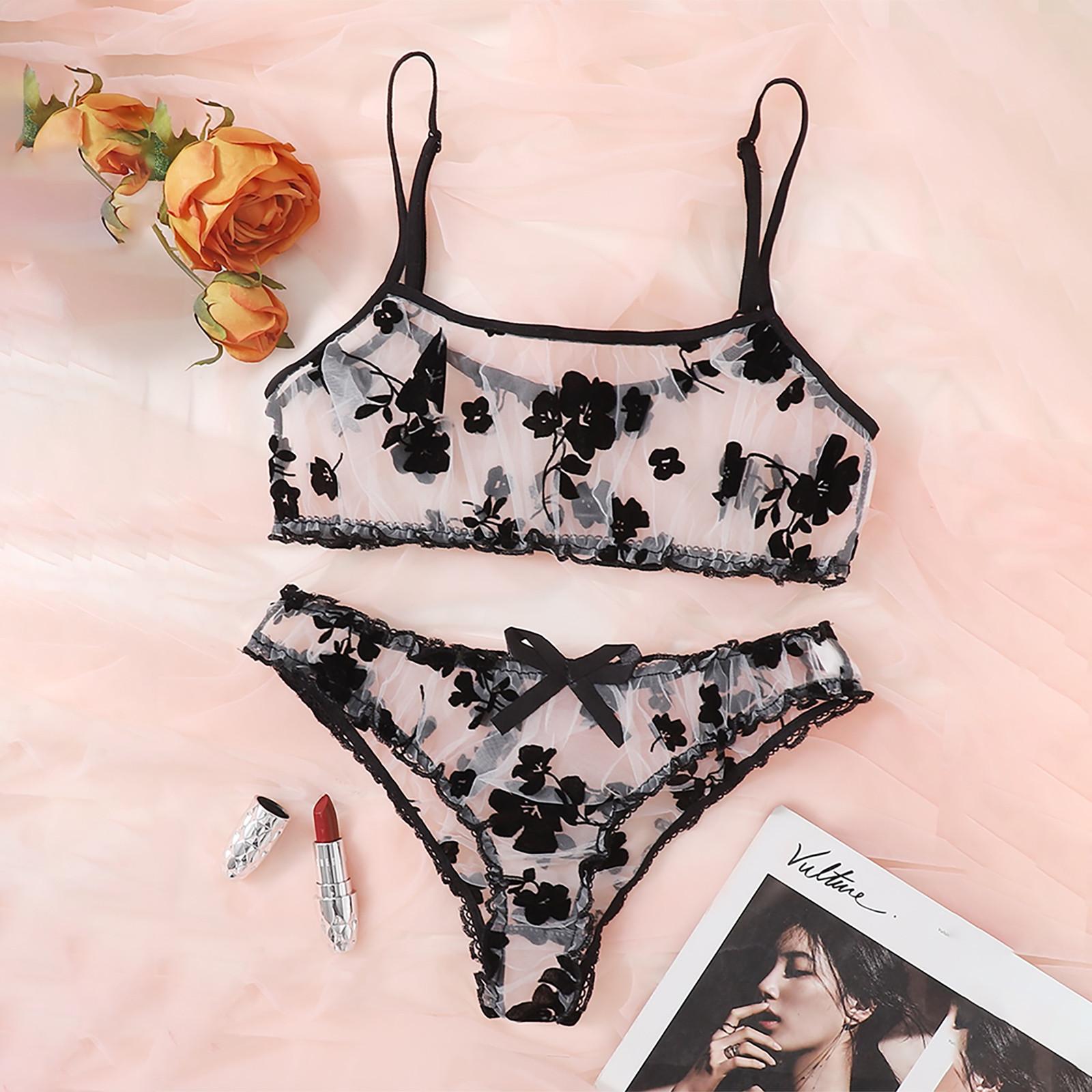 WOM Damen-Sexy-Dessous, zweiteilig, beflocktes schwarzes Netz, verführerische sexy Dessous M schwarz