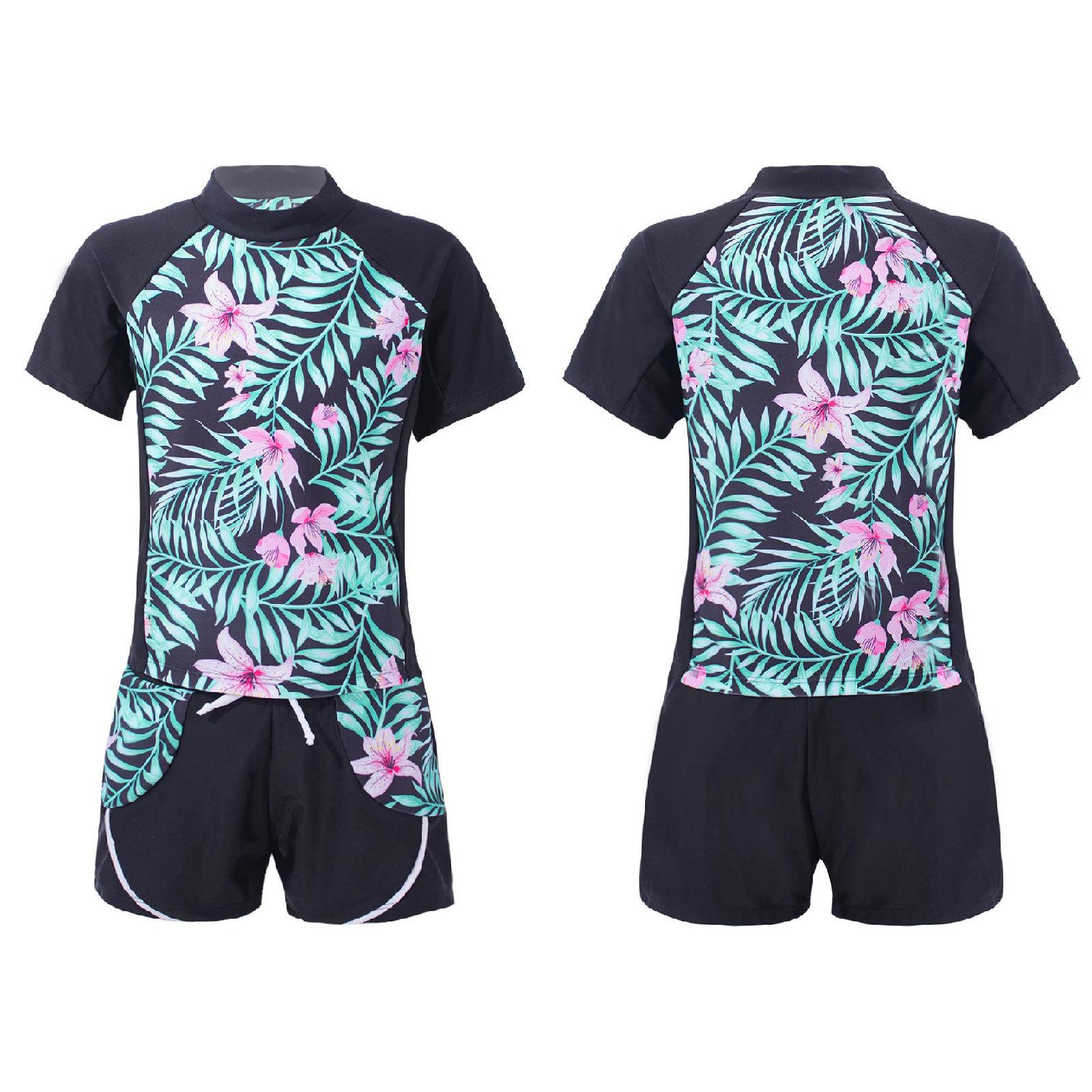 Kinder Mädchen Rash Guard Blumen Bedrucktes Tankini Set T-Shirt mit Badeshorts Badeanzug 9-10 Years schwarz/grün