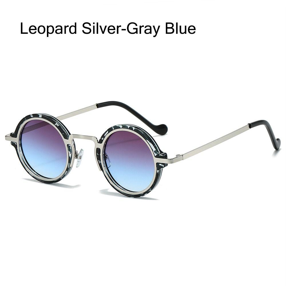 Metallrahmen Kleine Runde Sonnenbrille UV400 Schutz Brille Fahren Sonnenbrille für Damen & Herren Leopard Silver-Gray Blue