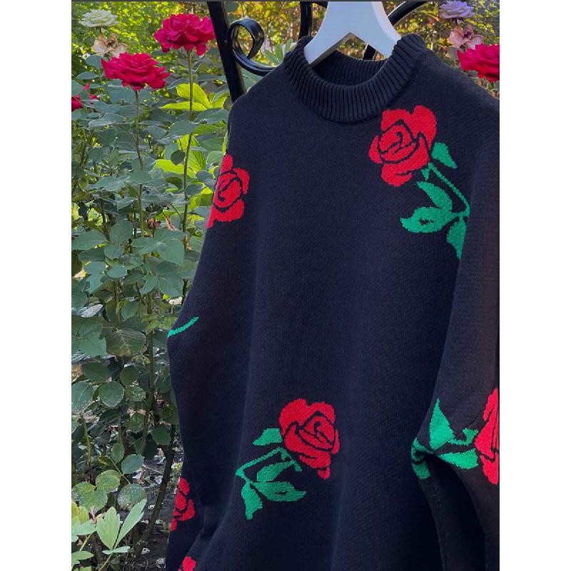 Grenzüberschreitender Rundhals-Pullover mit Rosenprint Pullover Europäisch und Amerikanisch Herbst und Winter Neu Vielseitig Lockerer Pullover für Damen M schwarz