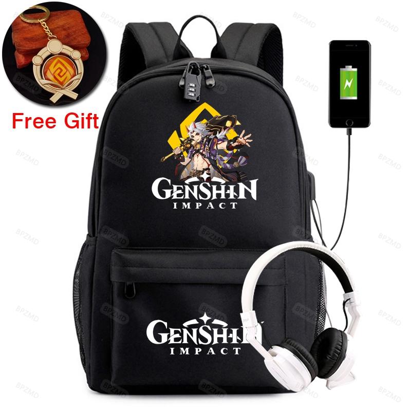 Genshin Impact Rucksack Schule Student Canvas Rucksack für Jungen Mädchen Anti-Diebstahl USB Rucksack Schlüsselanhänger Männer Frauen Reisetaschen