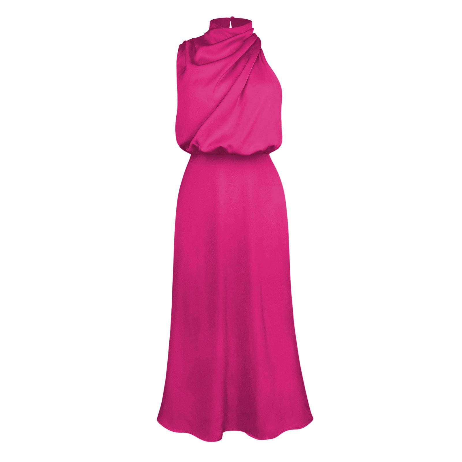 Damen-Sommer-Abendkleid, ärmellos, elegant, Neckholder, A-Linie, hohe Taille, lange Kleider, einfarbig L rose rot