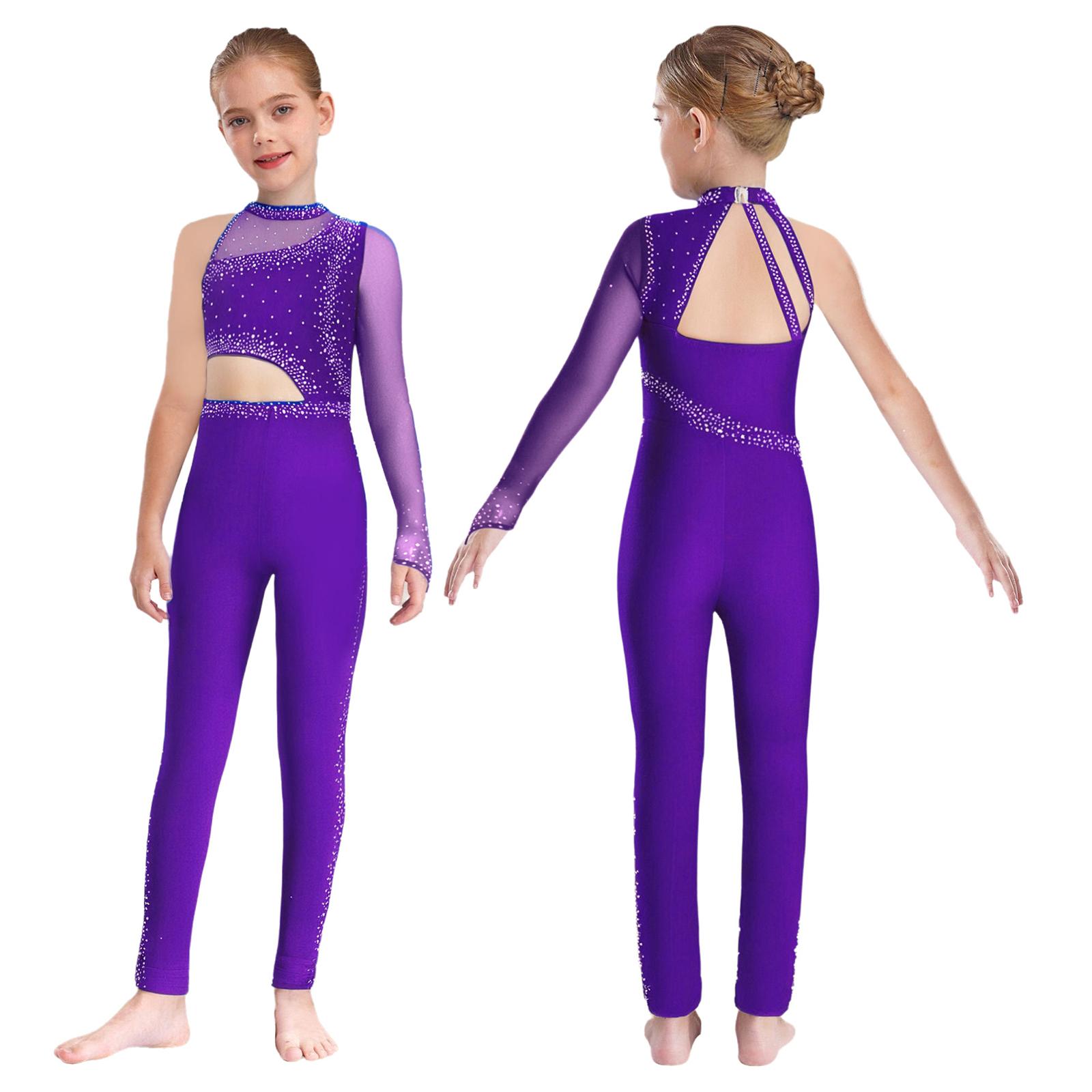 Mädchen Ein-Schulter-Gymnastik-Jumpsuit Durchsichtiges Netz Funkelnde Strasssteine Ganzkörper-Leotard Ballett Eiskunstlauf Unitard Kostüme 9-10 Years violett