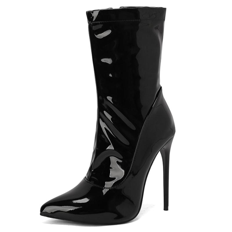 Mode Damen Stiefeletten Sexy Lack Gelb Rot Schwarz Rosa Gelb Kurze Stiefel Schlank Reißverschluss Tanz Fetisch Party Schuhe Dame Große Größe 45 48 schwarz