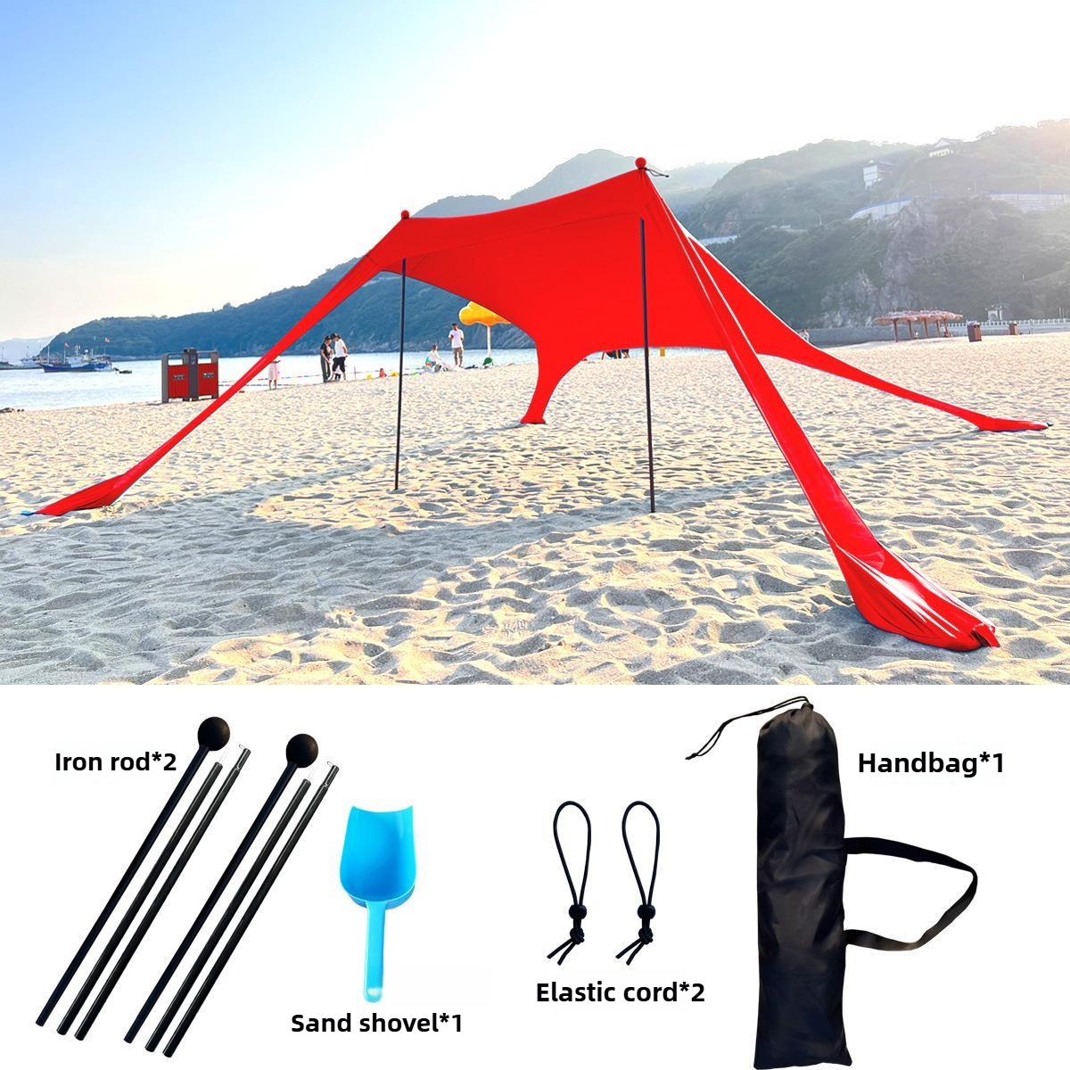 Strandzelt Sonnenschutz mit UPF 50+ UV-Schutz Strandbaldachin Sonnensegel mit Sandsäcken Stangen und Erdnägeln und Windseilen 200x160x150cm rot
