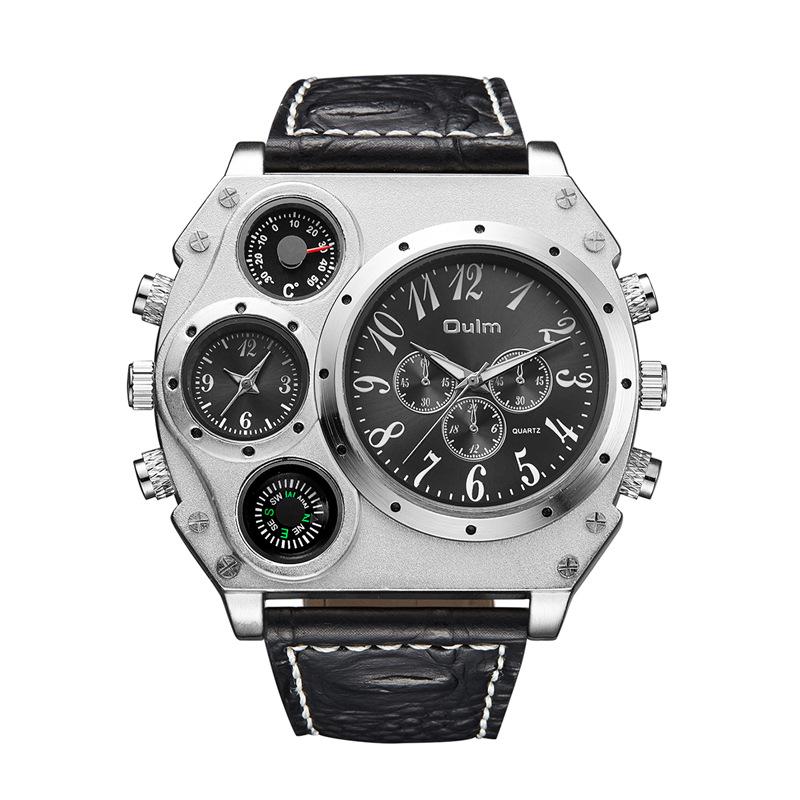 Oulm Quarz-Uhr Doppelzeitzone Herrenuhr Quarz-Uhr Armband Persönlichkeit Großes Zifferblatt Herrenuhr Mode Coole Uhr schwarz