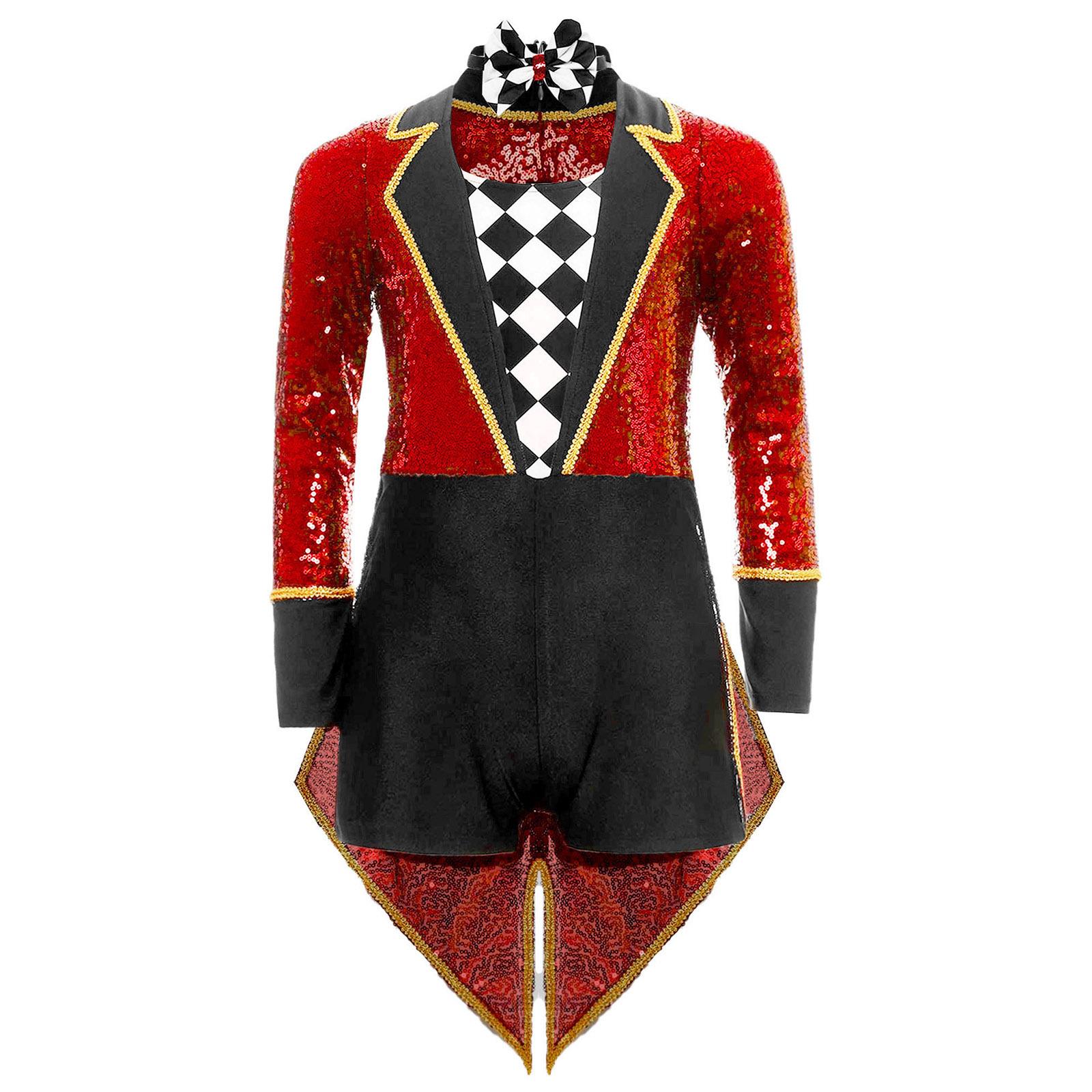 Unisex Kinder Zirkusmagier Kostüm Langarm Pailletten Schachbrett Frack Bodysuit Fliege Cosplay Outfit 5-6 Years rot