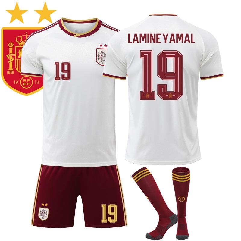 Jugendliche Kinder Erwachsene Individueller Name Fußballtrikots 2026 FIFA Weltmeisterschaft Spanien Auswärts #19 LAMINE YAMAL Sport Trainings Trikot Set mit Socken 24 white