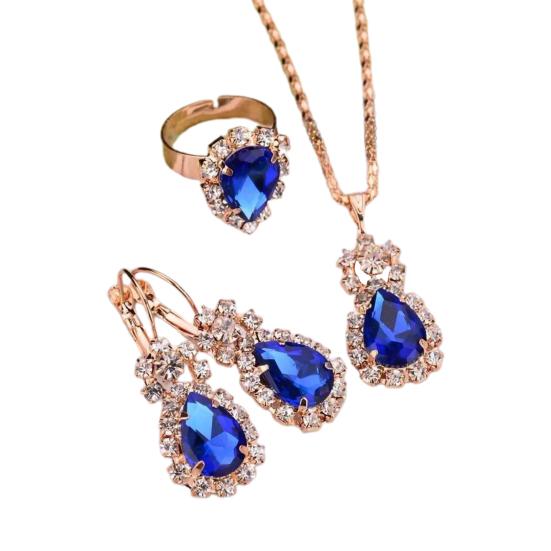 3 Teile/satz Ohr Clip Helle Farbe Legierung Halskette Ohrringe Ring Set Wasser Tropfen Strass Anhänger Halskette Ohrringe Ring Schmuck Zubehör blau