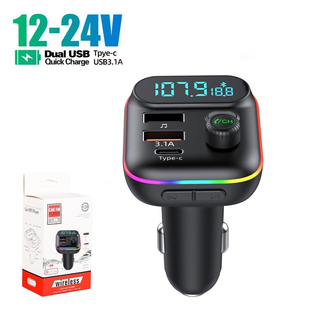 C29 Auto-FM-Transmitter Bluetooth 5.0 MP3-Player DC12V/24V-Eingang Dual USB 3.1A + PD 3.1A Schnelllade-Autoladegerät C29