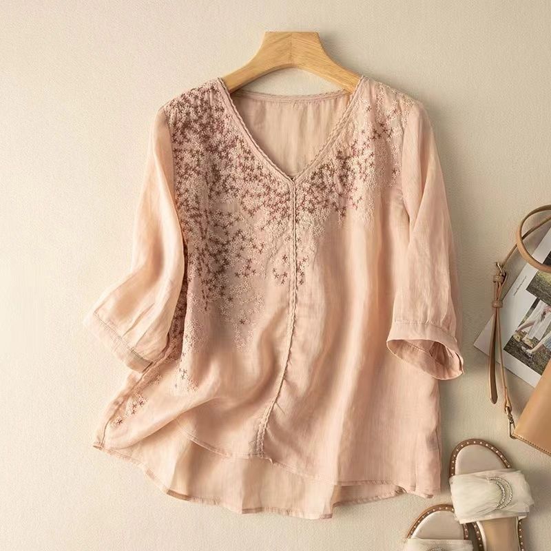 Sommer Neuer Stil Einfarbige V-Ausschnitt Damen Stickerei Spitze Elegant Vielseitig Halbe Ärmel Locker Baumwolle Hanf Hemd Oberteile M rosa