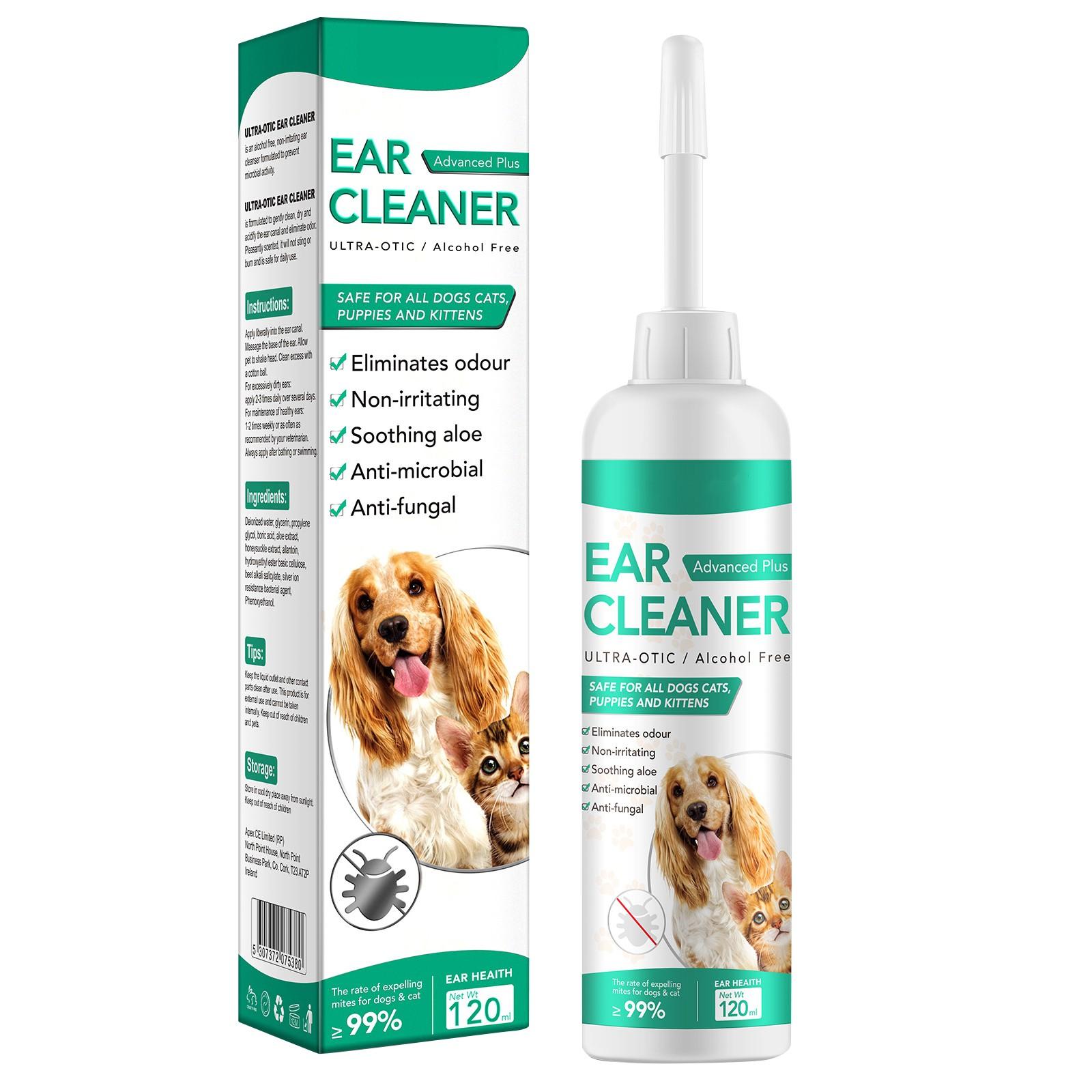 Ohrenreiniger für Hunde, Ohrenreiniger für Hunde, Ohrenpflege für Hunde und Katzen, Hundeohrentropfen gegen Infektionen, Antibiotika, juckende und entzündete Ohren, 60ml/120ml