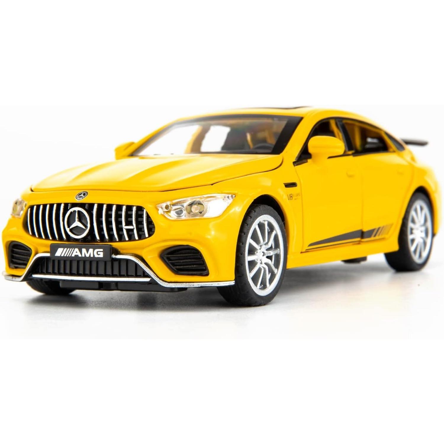 1/32 Benz AMG GT63 Modellauto, Legierung, Druckguss, Rückzieh-Spielzeugauto mit Ton und Licht, Tür kann geöffnet werden, Spielzeugfahrzeug für Kinder, Geschenk 1/32-Size:15.5*6.5*4.5cm gelb