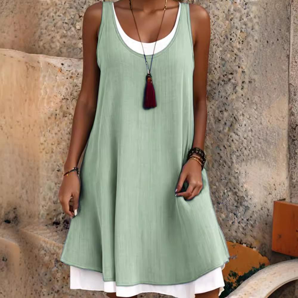 Sommer Damen Kleid Tasche Ärmellos Rundhals Damen Baumwolle Leinen Kleider XXL grün