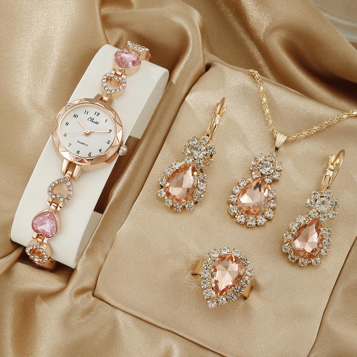 4-teiliges Set aus Damenuhren, Ohrringen, Halsketten, Ringen, luxuriösem Damenschmuck (ohne Box) rosa