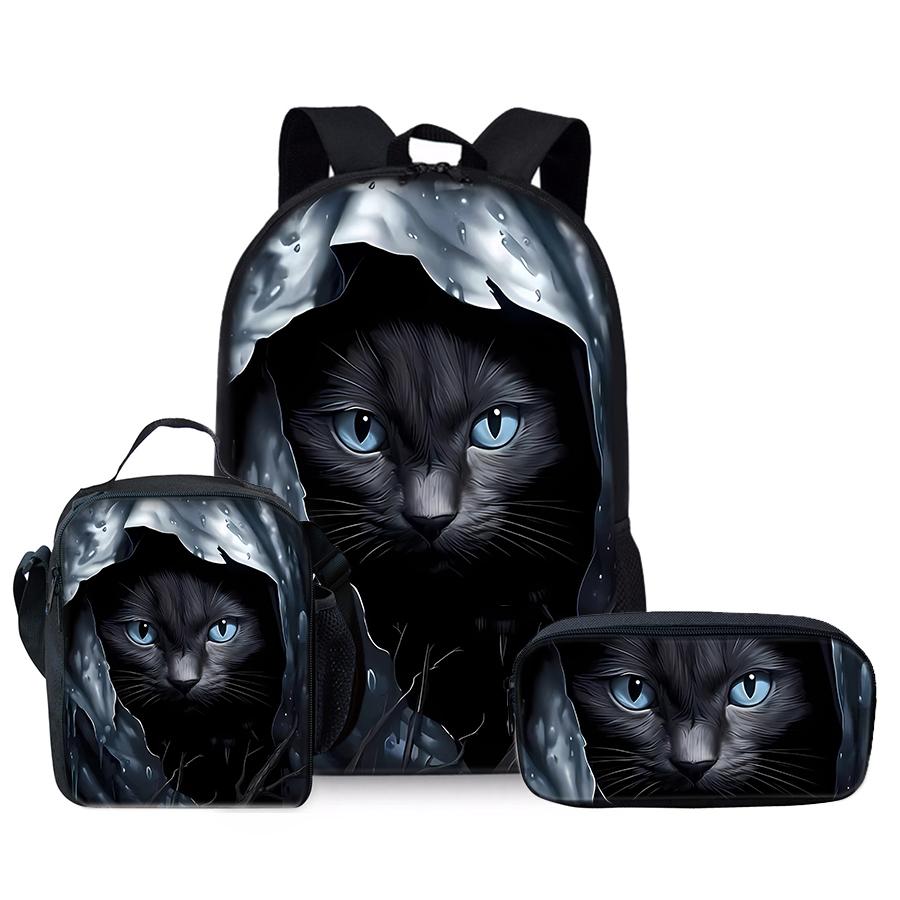 Tier Katze Dreiteiliges Set Rucksack+Brotdose+Federmäppchen Für Jungen/Mädchen Kinder Beste Geschenke 2D Cartoon Teenager Laptop Schultasche