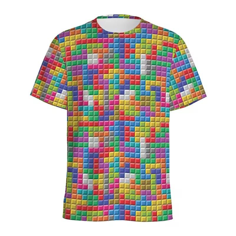 Retro-Baustein-T-Shirt mit 3D-Druck, Puzzle, Videospiele-Muster, lockere Straße, kurze Ärmel, Y2k-T-Shirts 5XL blue