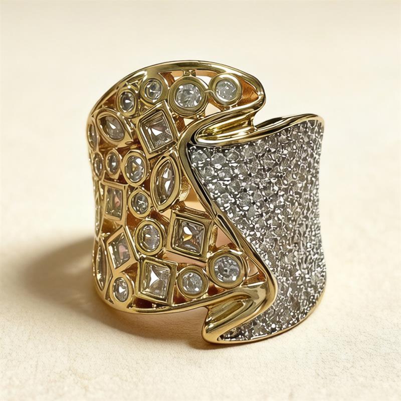 Huitan Asymmetrischer Damenring Geometrisches Design Party Club Statement Voll Glänzender Zirkonia Schmuck Luxuriös Trendiger Schmuck 6 brown