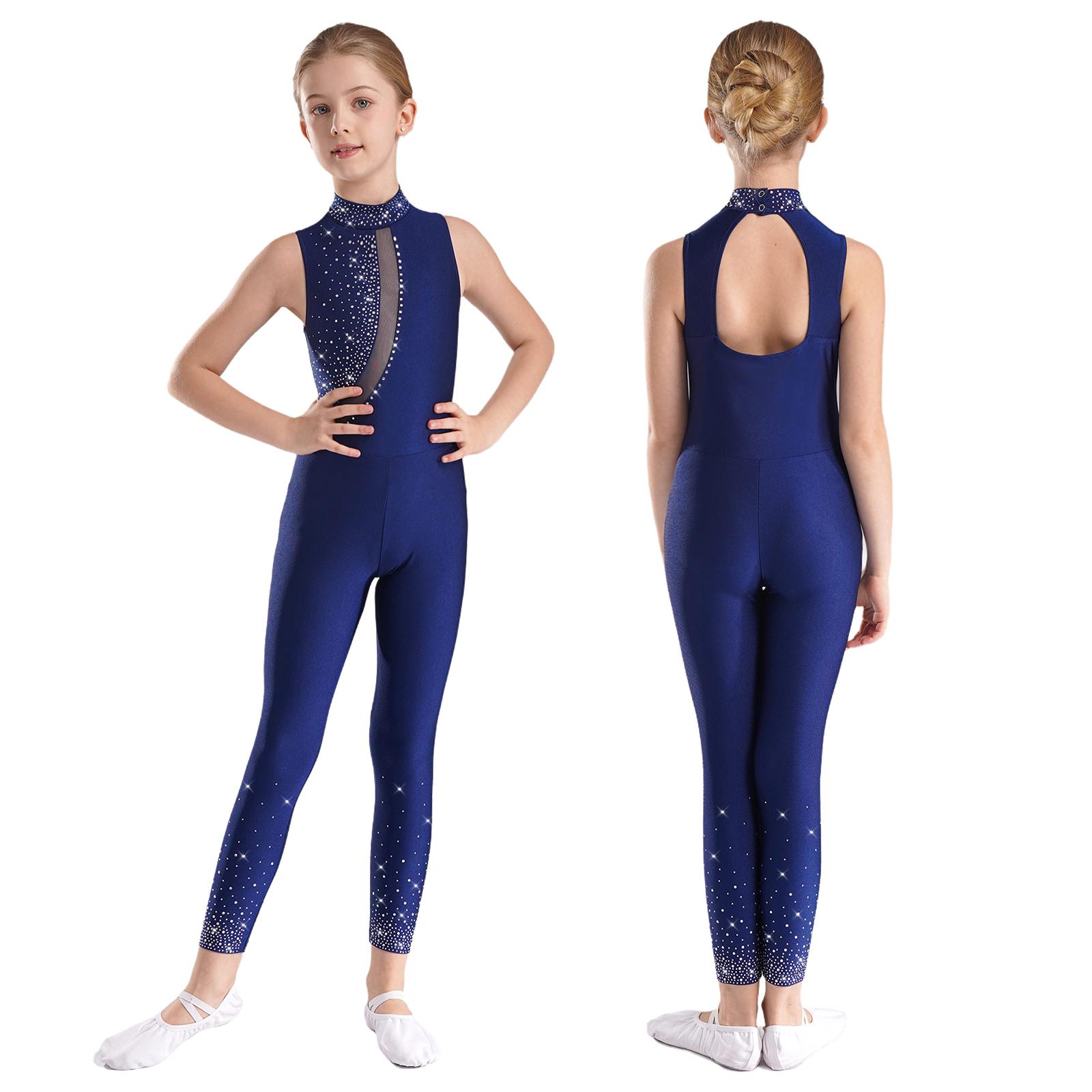 Kinder Mädchen Ärmelloser Eiskunstlauf Ganzkörperanzug Jumpsuit Ballett Tanz Gymnastik Turnanzug Tank Strass Tank Unitard Kostüm 9-10 Years navy blau