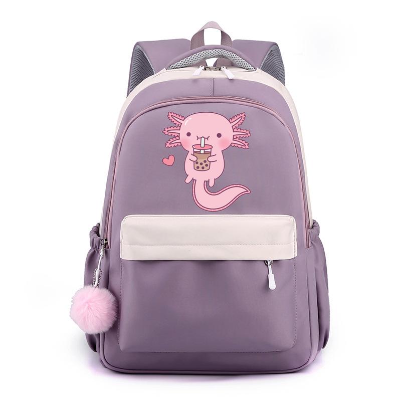 Niedliche Kawaii Axolotl Rucksäcke für Männer und Frauen Axolotl Schultasche niedlicher Cartoon Reißverschluss Rucksack große Kapazität Schultasche violett