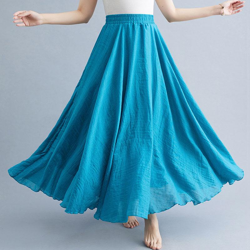 Sommer Herbst Damen Rock Literarisch Große Baumwolle Leinen Halbrock Elastische Taille Leinen A-Linie Rock Langer Abschnitt Reine Farbe Wind Swing Rock L pfau blau