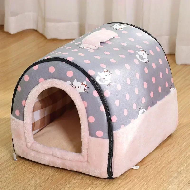Indoor-Hundehütte, weiches, gemütliches Hundehöhlenbett, faltbar, abnehmbar, warmes Hausnest mit Matte für kleine, mittelgroße Katzen, Tiere, Zwinger L-60x48x43cm