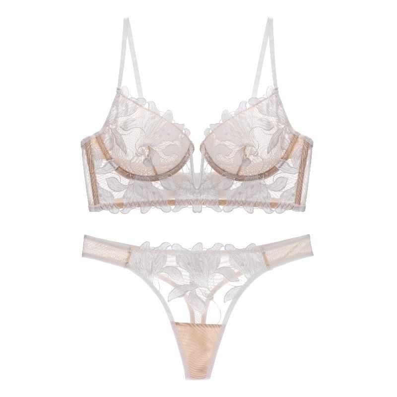 Sexy französische Spitze Stickerei Büstenhalter Dessous Set Damen Unterwäsche Set Push Up dünne Bralette Deep V BH und Höschen Set L weiß