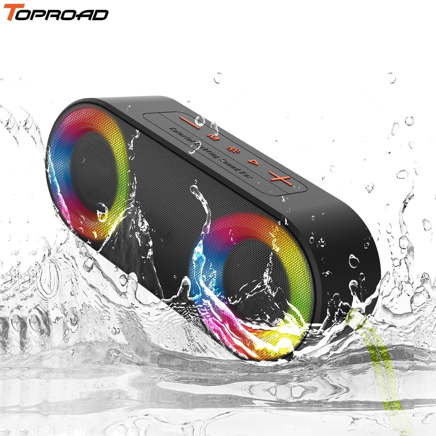 TOPROAD Wasserdichte Bluetooth-Lautsprecher, IP65, tragbar, kabellos, Stereo-Bass-Boombox, Subwoofer-Säule, unterstützt FM-Radio, LED-RGB-Leuchten schwarz