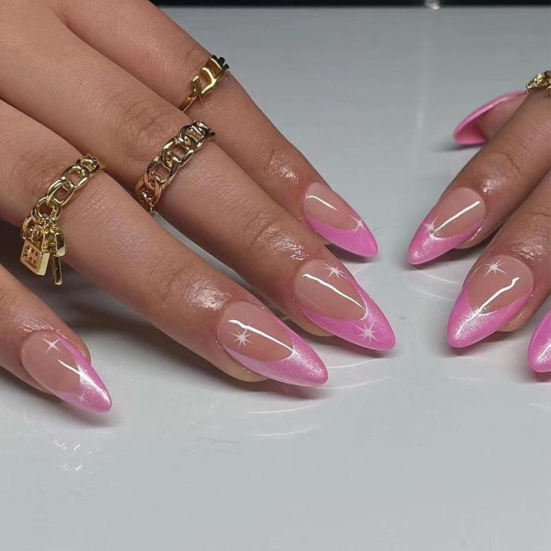 24 Teile/satz Schnelle Nägel Französisch Stil Rosa Perle Pulver Falsche Nials Aufkleber Tragbare Wasserdichte Maniküre Fertige Nägel