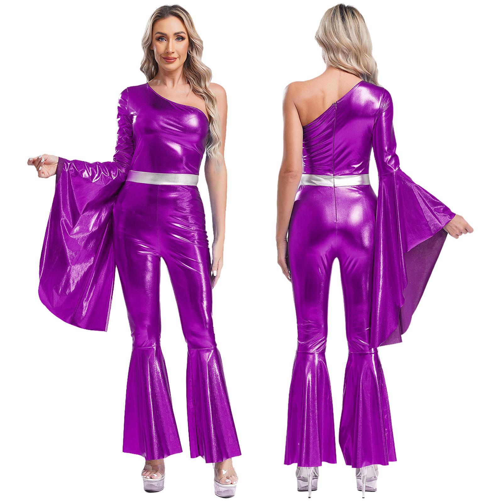 70er Jahre Disco Vintage Cosplay Kostüm Metallic Schlaghose Lange Hose Jumpsuit Schlaghose Jazz Dancewear Karneval Rave Party Kostüm M violett